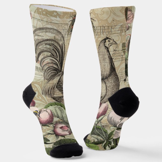 Rooster Garden Flower Butterfly Art Socks (Angled)