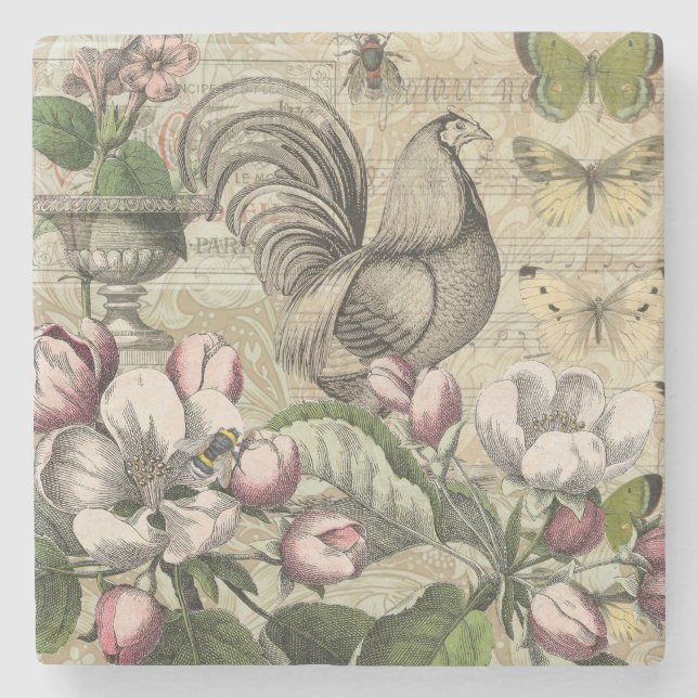 Rooster Garden Flower Butterfly Art Stone Coaster (Front)