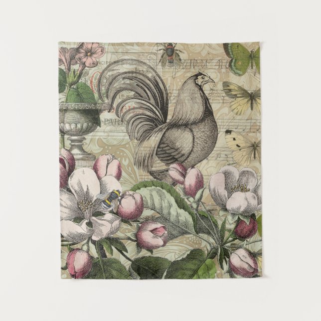 Rooster Garden Flower Butterfly Art Tapestry (Front)