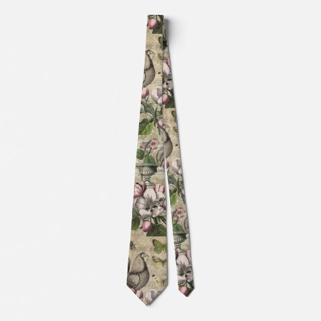 Rooster Garden Flower Butterfly Art Tie (Front)