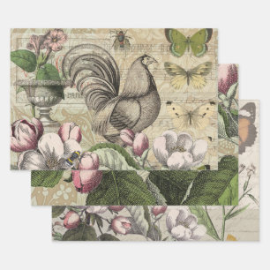 Rooster Garden Flower Butterfly Art Wrapping Paper Sheet