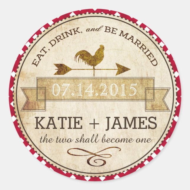 Rooster Gingham Check Rustic Wedding Label (Front)