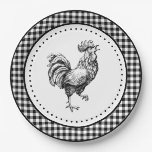 Rooster Gingham Paper Plate