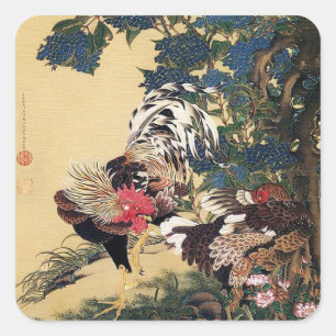 Rooster Hen and Hydrangea by Ito Jakuchu Square Sticker