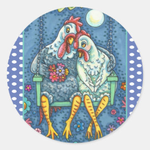 ROOSTER HEN CANOODLES, CUTE CHICKEN SWEETHEARTS CLASSIC ROUND STICKER