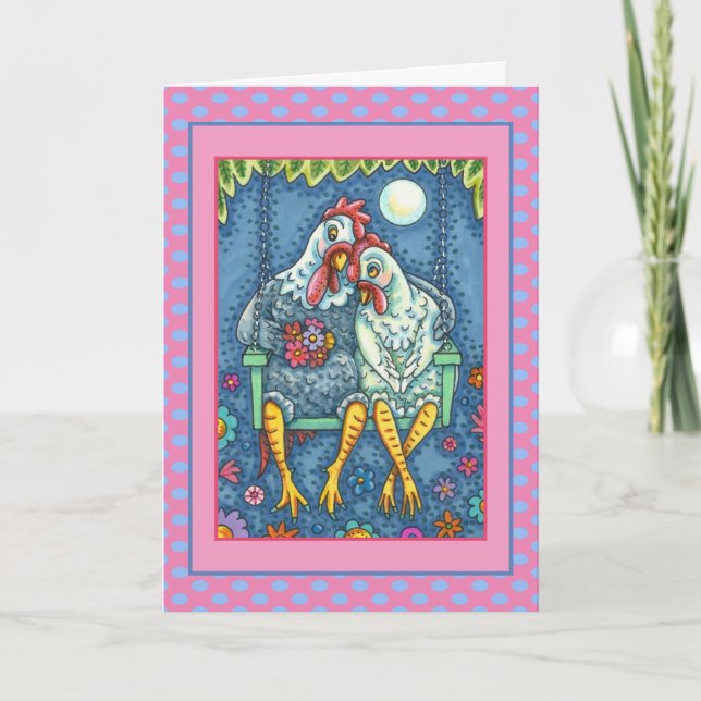 ROOSTER HEN CANOODLES, CUTE CHICKEN SWEETHEARTS  HOLIDAY CARD (Front)