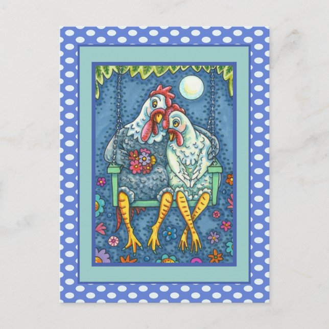 ROOSTER HEN CANOODLES, CUTE CHICKEN SWEETHEARTS HOLIDAY POSTCARD (Front)