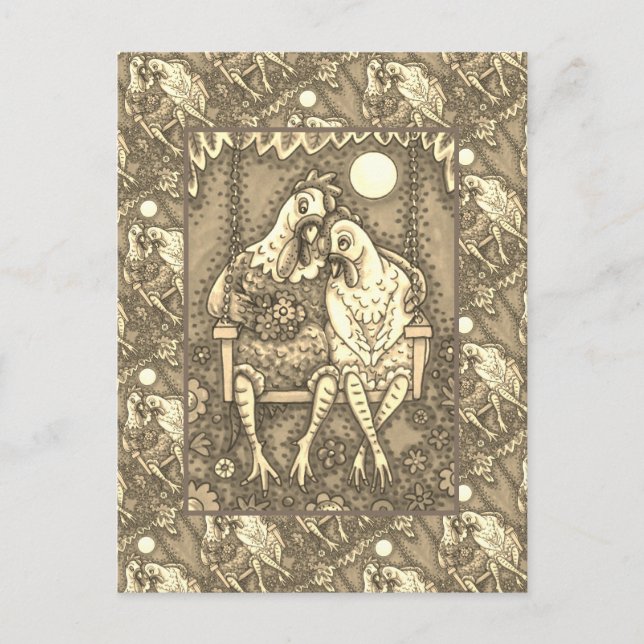 ROOSTER HEN CANOODLES, CUTE CHICKEN SWEETHEARTS HOLIDAY POSTCARD (Front)