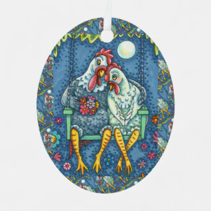 ROOSTER HEN CANOODLES, CUTE CHICKEN SWEETHEARTS METAL ORNAMENT