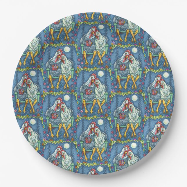ROOSTER HEN CANOODLES, CUTE CHICKEN SWEETHEARTS PAPER PLATE (Front)