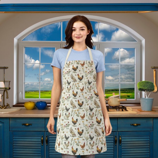 Rooster hens farmhouse beige retro apron (Creator Uploaded)