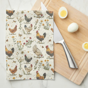 Rooster hens farmhouse beige retro kitchen towel