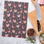 Rooster hens farmhouse black red pink kitchen towel<br><div class="desc">A black background decorated with a retro farmhouse style rooster and hen pattern in red,  pink.</div>