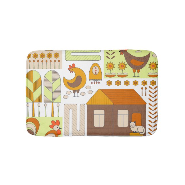 Rooster, hens, geometric floral drawing. bath mat (Front)