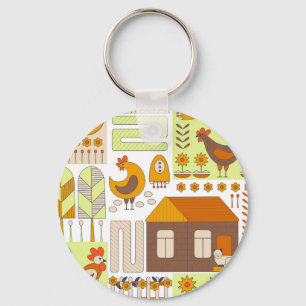 Rooster, hens, geometric floral drawing. keychain