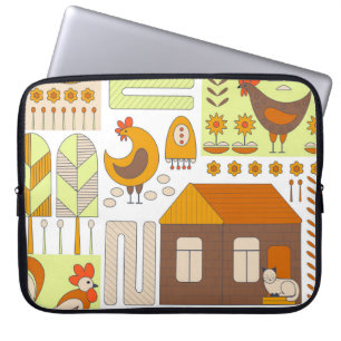 Rooster, hens, geometric floral drawing. laptop sleeve