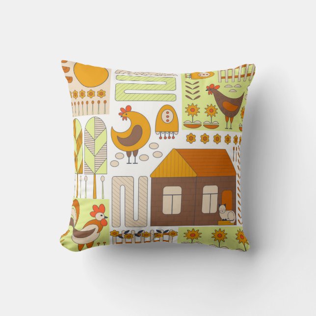 Rooster, hens, geometric floral drawing. throw pillow (Front)