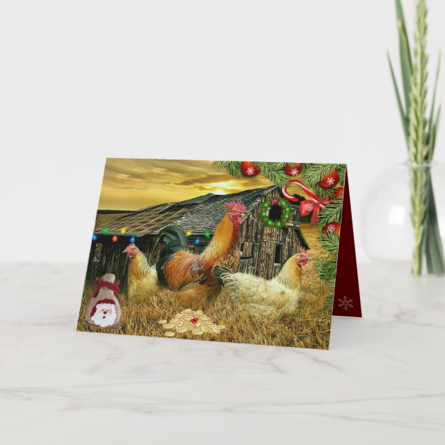 Rooster Hens Rustic Barn Christmas Wreath Presents Card (Front)