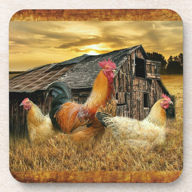 Rooster Hens Rustic Barn Coop Coaster (Front)