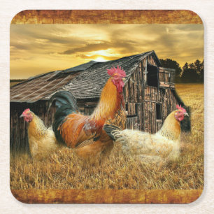 Rooster Hens Rustic Barn Coop Square Paper Coaster