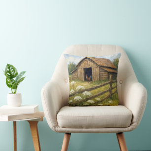Rooster in a Barnyard Oil Painting Throw Pillow