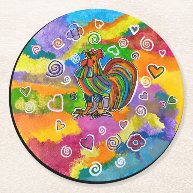 Rooster in love round paper coaster (Front)