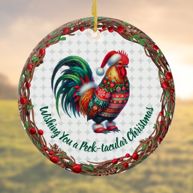 Rooster in Ugly Sweater Fun Peck-tacular Christmas Ceramic Ornament (Creator Uploaded)