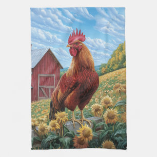 Rooster on a Sunflower Farm Painting Kitchen Towel