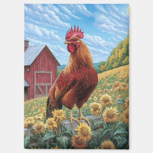 Rooster on a Sunflower Farm Painting Magnet