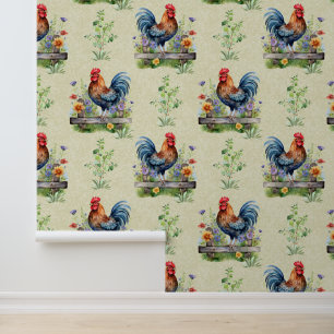 Rooster on Fence Farm Animals Floral Greenery  Wallpaper