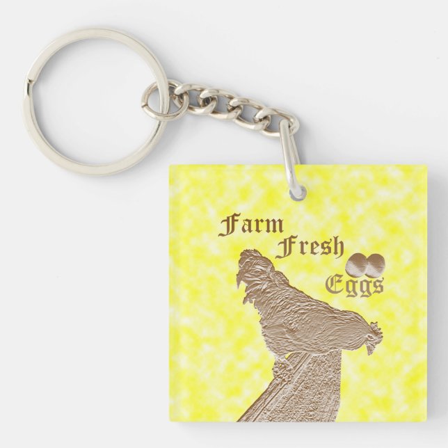 Rooster On Fence With Farm Fresh Eggs Logo, Keychain (Front)