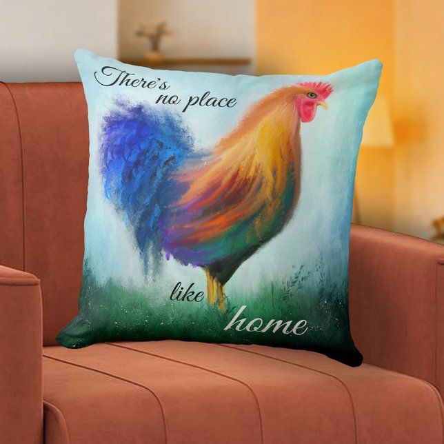 Rooster peint en Beaux-Arts Coussin personnalisé (Modern design pillow featuring an original fine art painting of a rooster in a grass field )