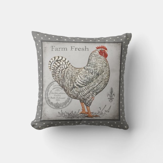 Rooster pillow vintage inspired in greys & creams (Front)