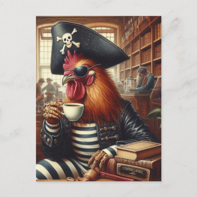 Rooster Pirate With a Coffee in a bookstore Postcard (Front)