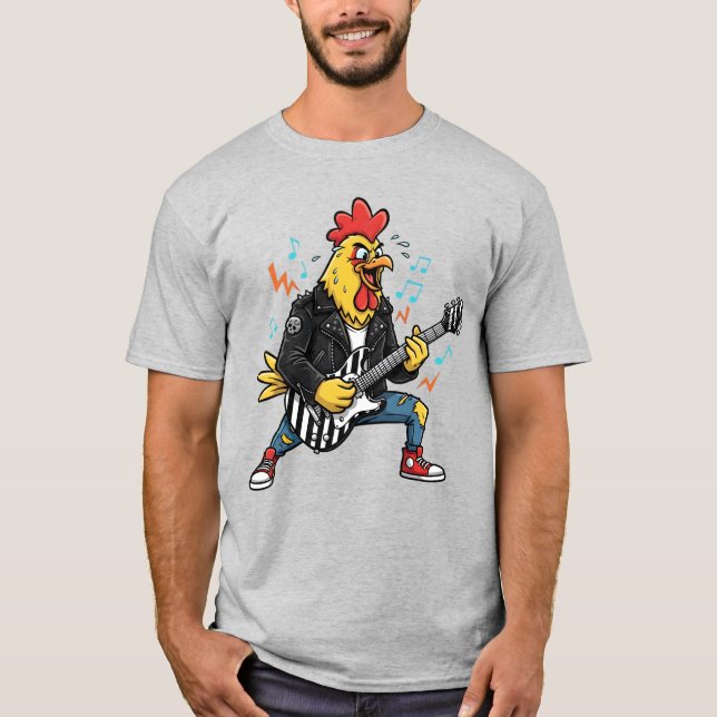 Rooster Playing Electric Guitar Funny Rock Chicken T-Shirt (Front)
