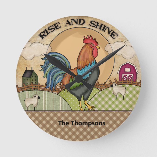 Rooster Rise and Shine Wall Round Clock (Front)