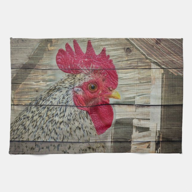 Rooster Rustic Chicken Coop Barn Board Kitchen Towel (Horizontal)