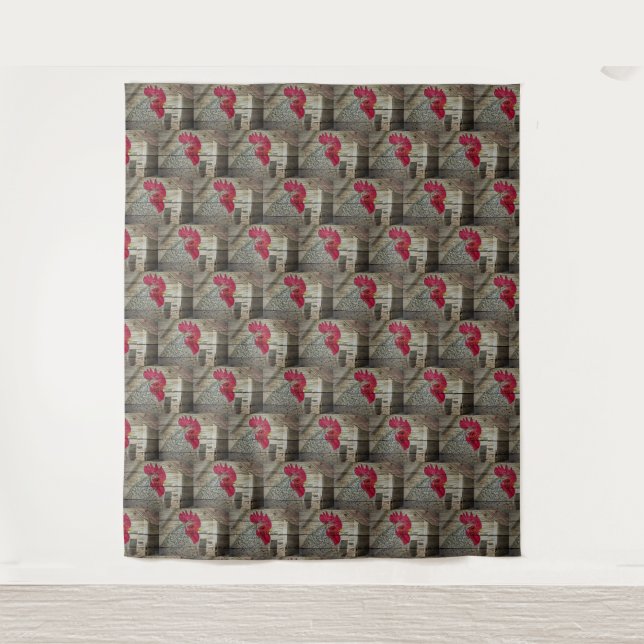 Rooster Rustic Chicken Coop Barn Board Tapestry (Front)