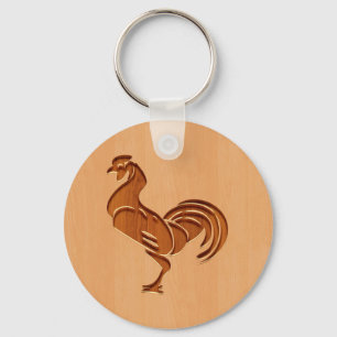 Rooster silhouette engraved on wood design keychain