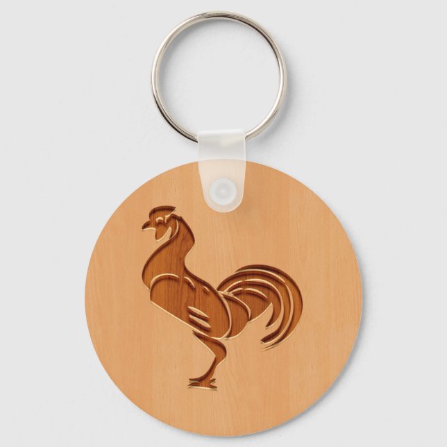 Rooster silhouette engraved on wood design keychain (Front)