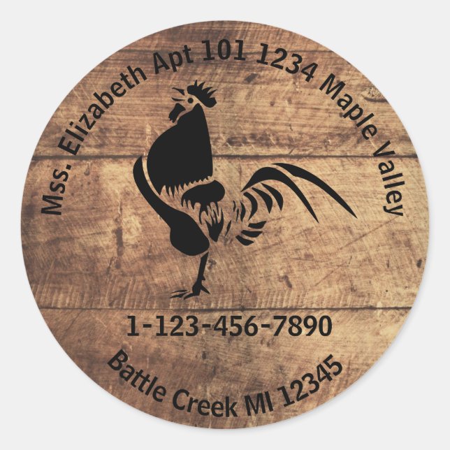 Rooster Silhouette Home or Business Contact Info K Classic Round Sticker (Front)