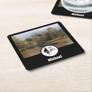 Rooster Silhouette Monogram Photo Name Tag Square Paper Coaster