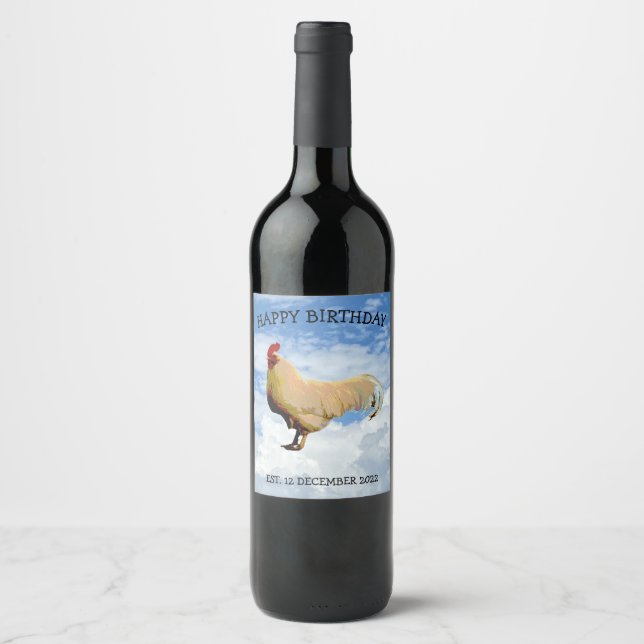 ROOSTER SKY CLOUDS PHOTO HAPPY BIRTHDAY WINE LABEL (Front)