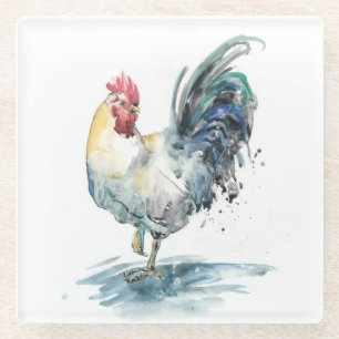 Rooster Splash - Watercolor Glass Coaster