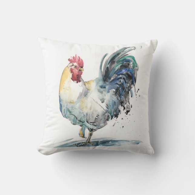 Rooster Splash - Watercolor Throw Pillow (Front)