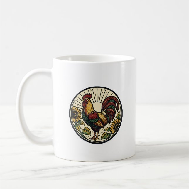 Rooster Sunflower Woodcut Art Round Mug (Left)