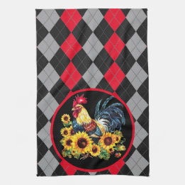 Rooster & Sunflowers On Black, Red & Grey Plaid Kitchen Towel