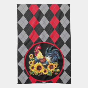 Rooster & Sunflowers On Black, Red & Grey Plaid Kitchen Towel