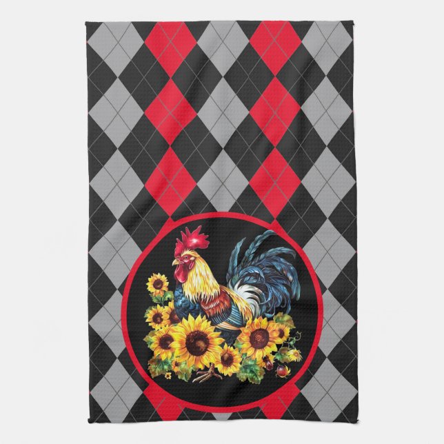 Rooster & Sunflowers On Black, Red & Grey Plaid Kitchen Towel (Vertical)