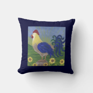 Rooster Sunrise on navy blue pillow double sided